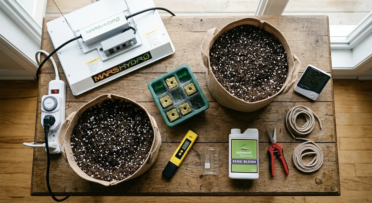 Draufsicht auf LED-Growlampe, Stofftöpfe, pH-Messgerät und Pflanzennährstoffe auf Holzuntergrund