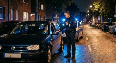 Polizist bei nächtlicher Verkehrskontrolle neben einem Auto mit blauen Blinklichtern im Hintergrund