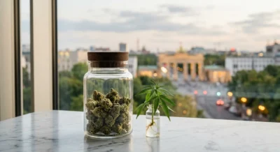 Getrocknete Cannabis-Blüten in Glasgefäß auf weißem Marmor vor verschwommenem Berlin-Hintergrund