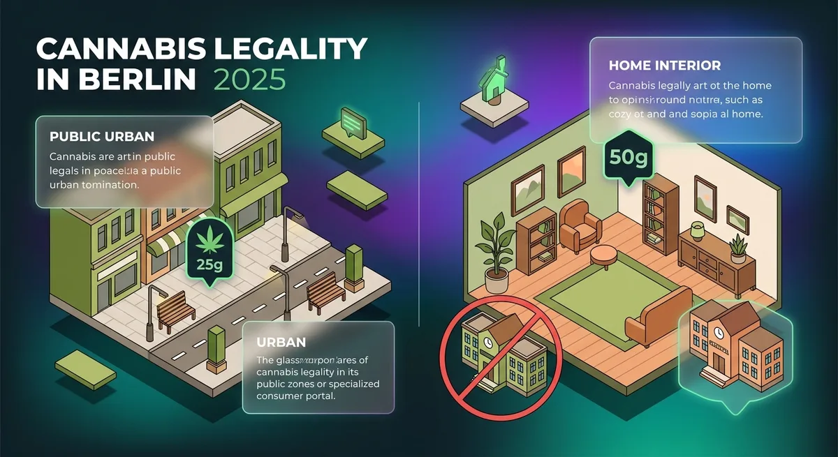 Illustration zeigt Besitzgrenzen für Cannabis: 25g öffentlich, 50g zuhause, Sperrzone um Schulgebäude