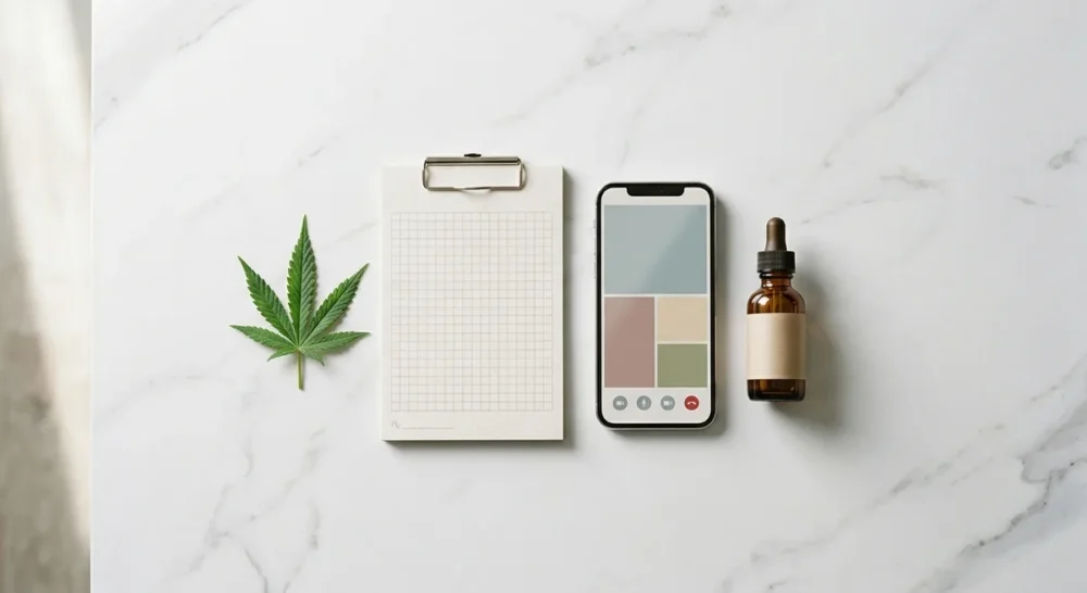 Cannabis-Blatt, Rezeptblock, Smartphone mit Videoanruf und CBD-Öl-Flasche auf weißem Marmor