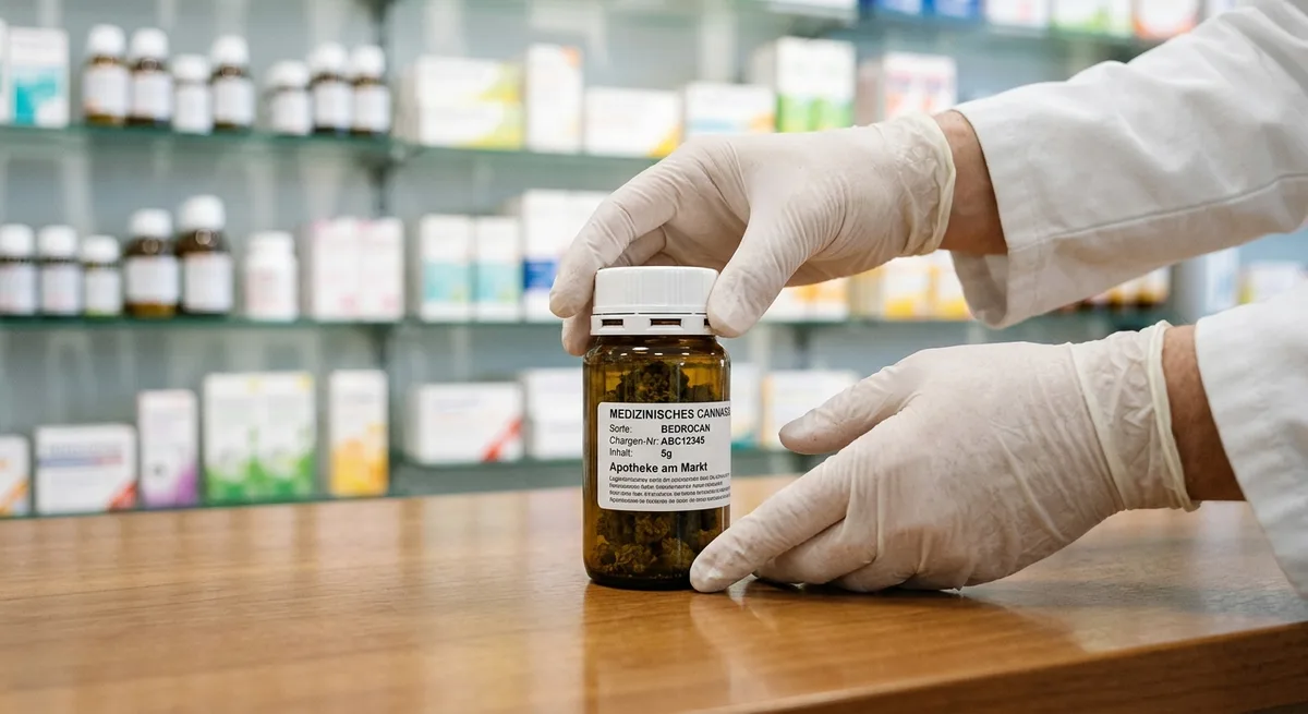 Apotheker-Hände legen ein verschlossenes Medizinalcannabis-Glas auf einen weißen Apothekentresen