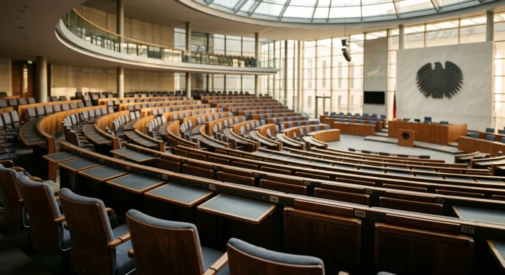 Leerer Plenarsaal des Deutschen Bundestags mit halbkreisförmigen Sitzreihen in warmem Licht