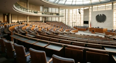 Leerer Plenarsaal des Deutschen Bundestags mit halbkreisförmigen Sitzreihen in warmem Licht