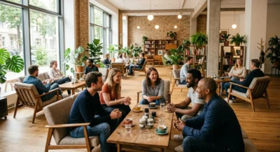 Moderne Lounge eines Cannabis Social Clubs mit Erwachsenen und Grünpflanzen in warmer Atmosphäre