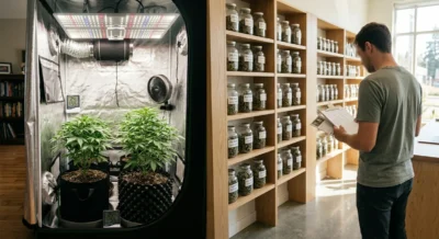 Cannabis-Pflanzen im heimischen Growzelt links, moderne Ausgabestelle einer Anbauvereinigung rechts