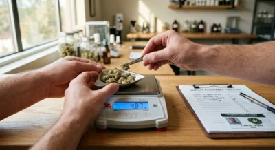 Haende wiegen Cannabis-Blueten auf einer Praezisionswaage neben einem Klemmbrett mit Checkliste