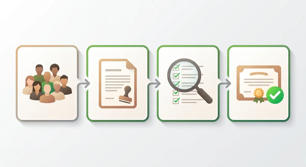 Vierschrittiges Prozessdiagramm zur CSC-Gruendung: Vereinsgruendung, Antrag, Pruefung, Genehmigung