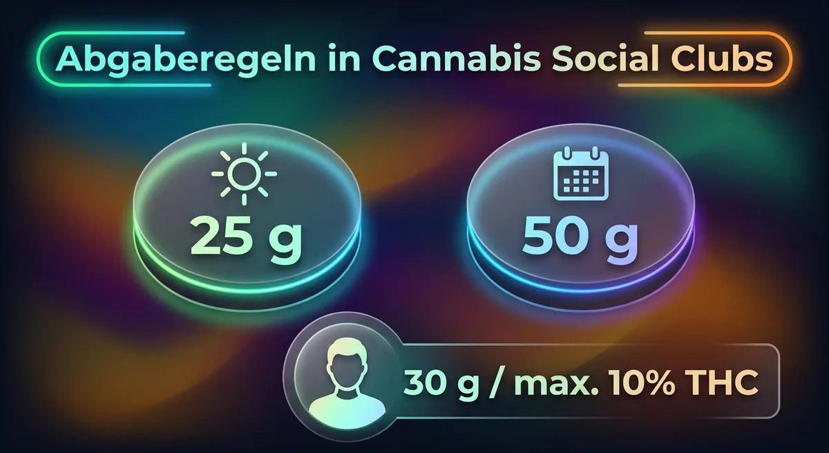 Infografik mit Tages- und Monatslimit der CSC-Abgabe: 25 g pro Tag, 50 g pro Monat, 30 g fuer 18-21-Jaehrige