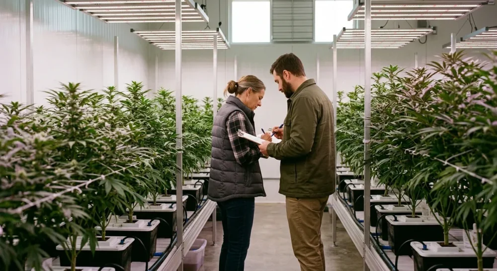 Gemeinschaftlicher Cannabis-Anbau unter LED-Beleuchtung in einem professionellen Indoor-Grow-Raum