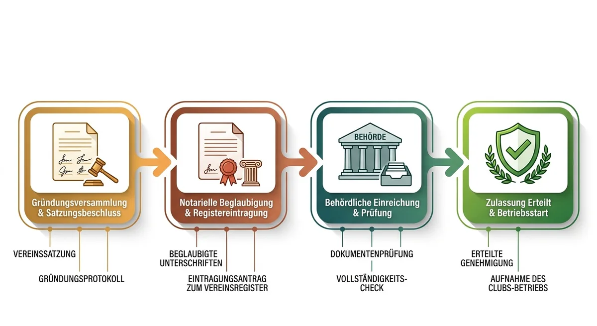 Prozessdiagramm mit vier Schritten: Gründungsversammlung, Registrierung, Antragstellung und Genehmigung