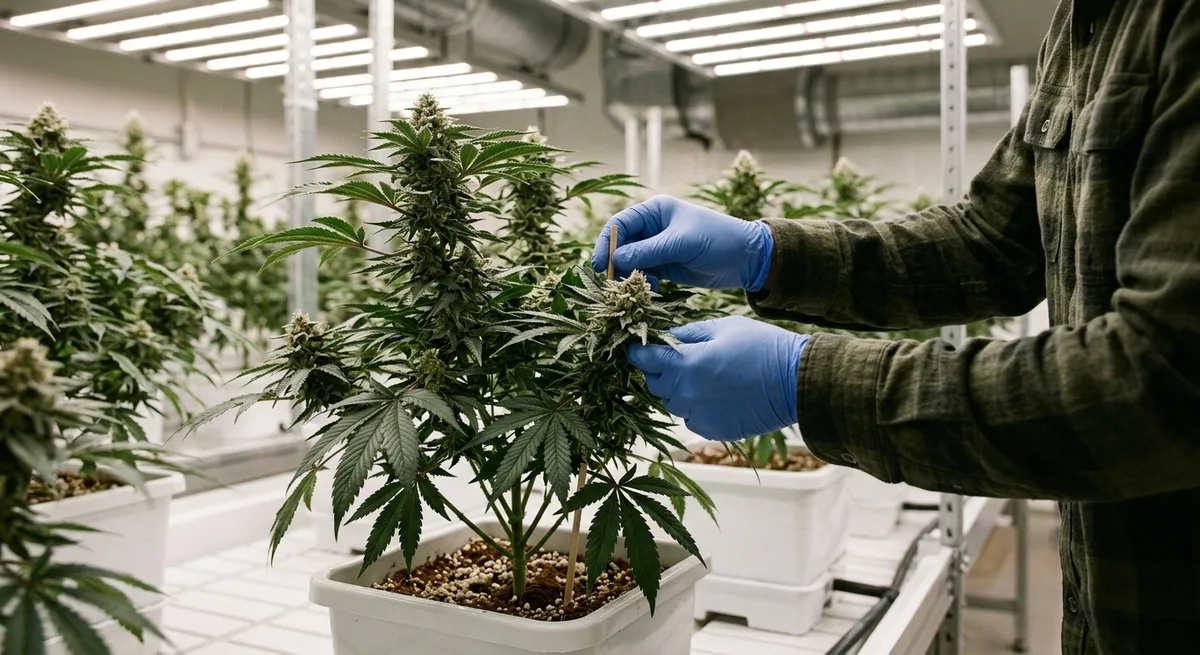 Person mit Handschuhen inspiziert Cannabis-Pflanze unter LED-Beleuchtung in professionellem Grow-Raum