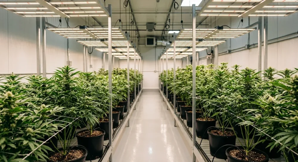 Professionelle Cannabis-Anbauanlage mit grünen Pflanzen unter LED-Wachstumslampen