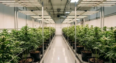Professionelle Cannabis-Anbauanlage mit grünen Pflanzen unter LED-Wachstumslampen