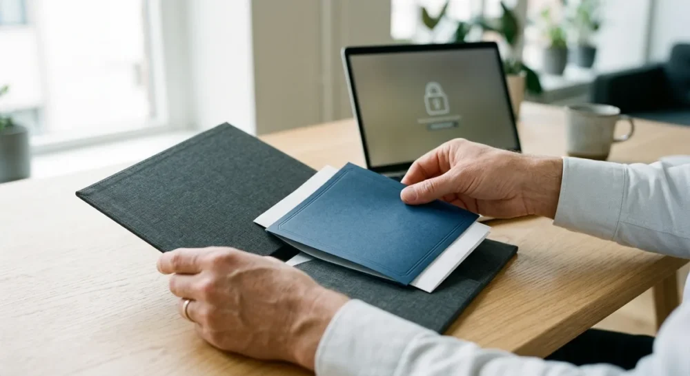 Hände legen Mitgliedsdokumente in einen Sicherheitsordner, Laptop mit Schloss-Symbol im Hintergrund