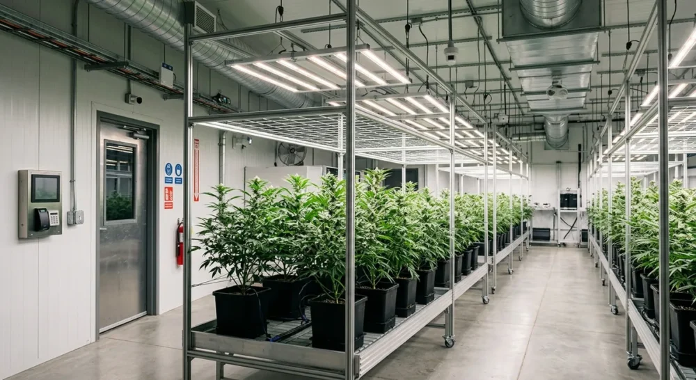 Professionelle Indoor-Cannabisanbauanlage mit gruenen Pflanzen unter LED-Wachstumslichtern