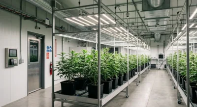 Professionelle Indoor-Cannabisanbauanlage mit gruenen Pflanzen unter LED-Wachstumslichtern