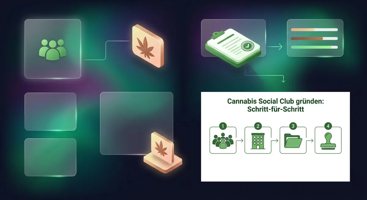 Vier-Schritte-Prozessdiagramm zur Gruendung eines Cannabis Social Clubs als Flussdiagramm