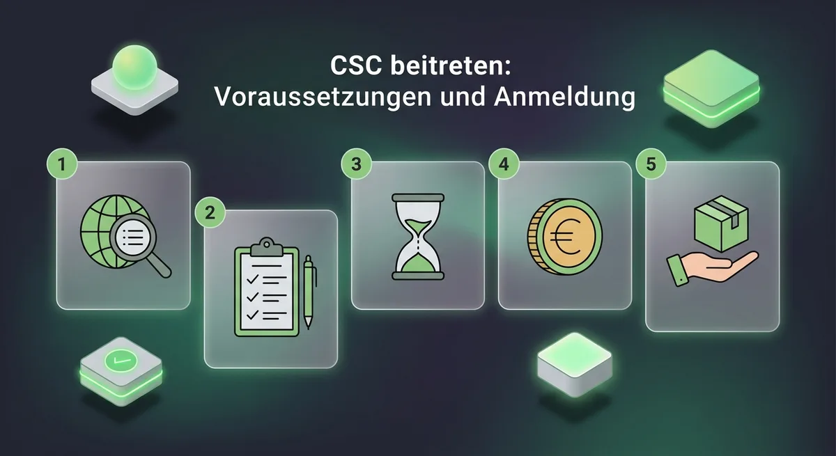 Schrittweise Illustration eines Anmeldeprozesses mit Symbolen für Suche, Formular, Wartezeit und Abholung
