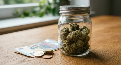 Glas mit Cannabis-Blüten neben Euro-Münzen und Scheinen auf einem Holztisch