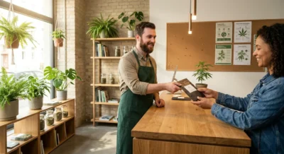 Mitarbeiterin eines Cannabis Social Clubs übergibt einem Mitglied eine versiegelte Packung an einem Holztresen