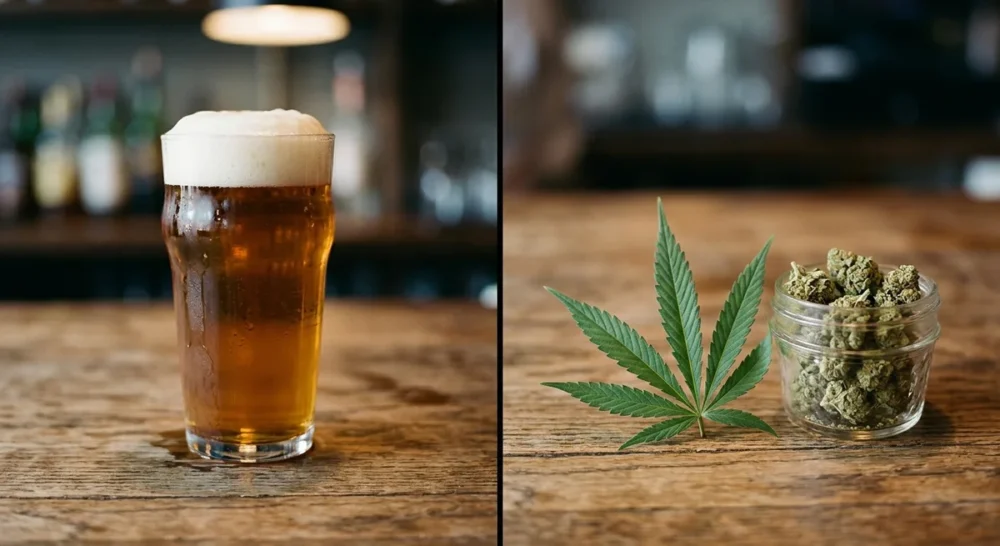 Glas Bier und Cannabis-Pflanze nebeneinander auf Holzoberfläche als symbolischer Vergleich