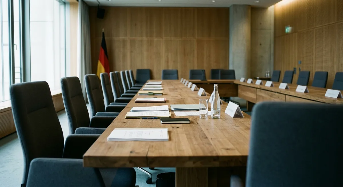 Leerer Konferenzsaal eines deutschen Regierungsgebäudes mit Dokumenten auf dem Tisch
