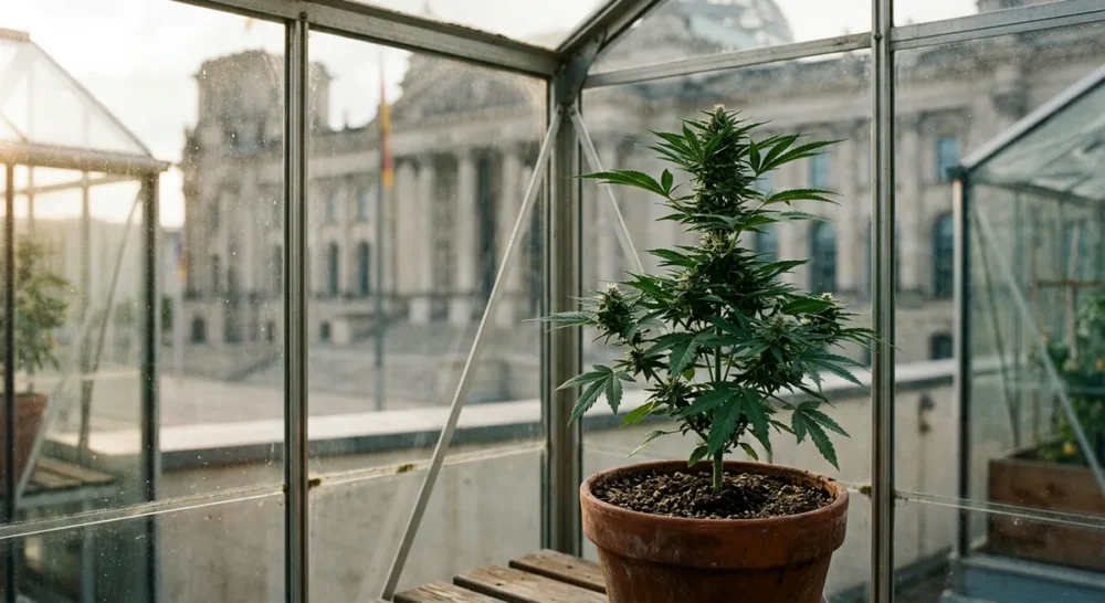 Cannabispflanze in einem Gewächshaus mit unscharfem Parlamentsgebäude im Hintergrund