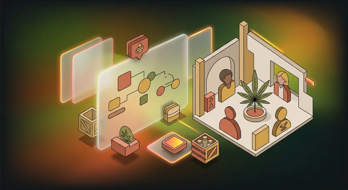 Illustration zeigt Erwachsene um eine Cannabispflanze in einem Vereinsraum versammelt