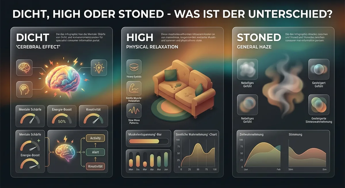 Illustration dreier Rauschzustände: euphorisch-zerebral, körperlich entspannt und allgemein benebelt