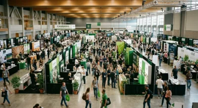 Belebte Hanfmesse mit zahlreichen Ausstellerständen und Besuchern in einer großen Messehalle