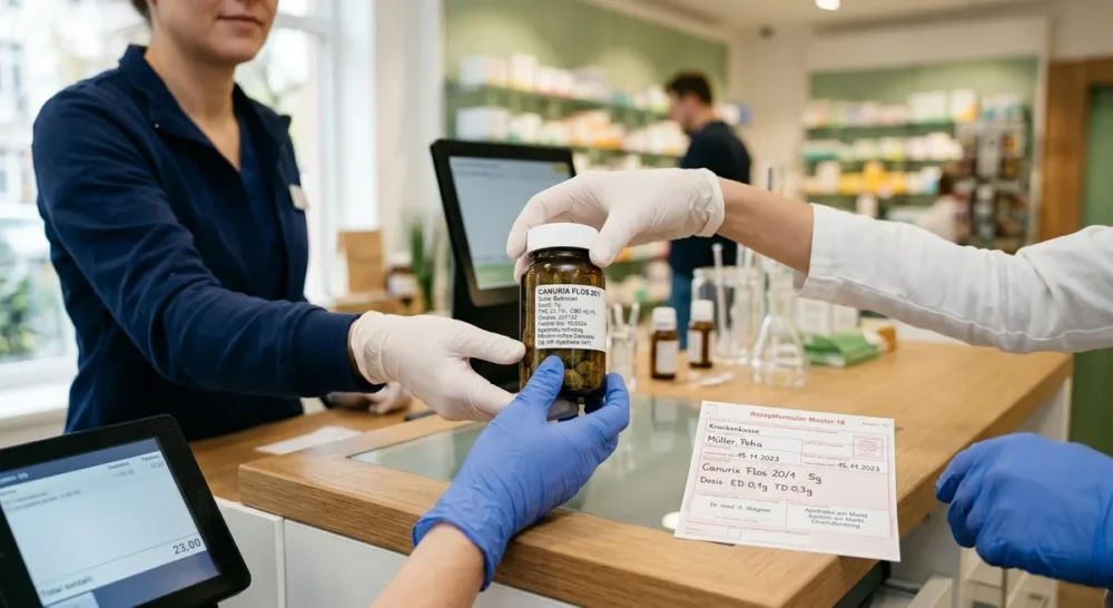 Apotheker übergibt versiegeltes medizinisches Cannabis-Behältnis an der Apothekentheke