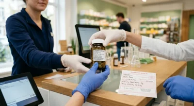 Apotheker übergibt versiegeltes medizinisches Cannabis-Behältnis an der Apothekentheke