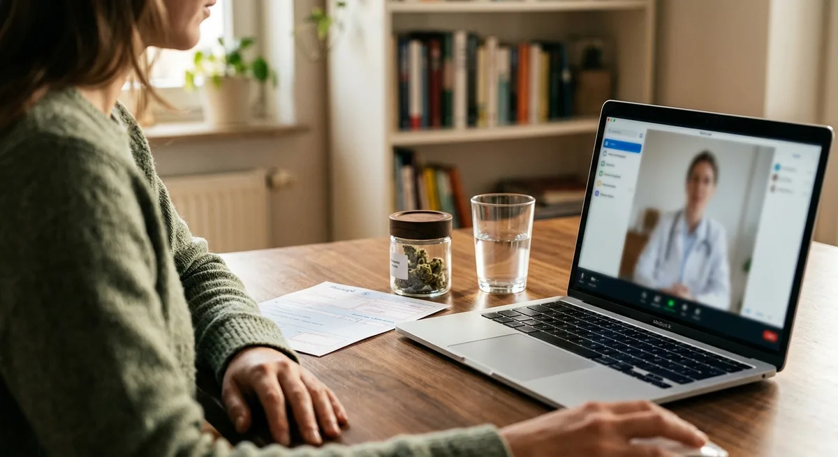 Person beim Telemedizin-Videogespräch mit Arzt, Rezept und Cannabisblüten auf dem Schreibtisch