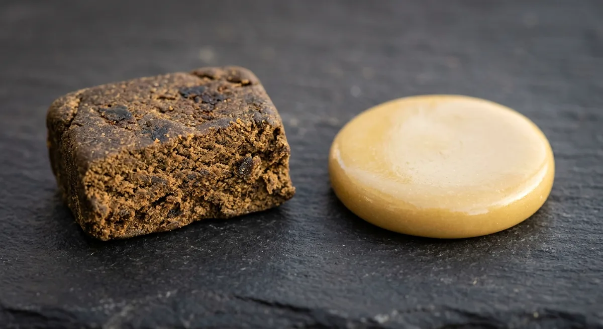Vergleich: krümeliges dunkles Haschisch links neben einer glatten goldenen Piatella-Scheibe rechts