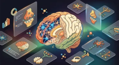 Illustration eines Gehirns mit leuchtenden synaptischen Verbindungen im präfrontalen Kortex