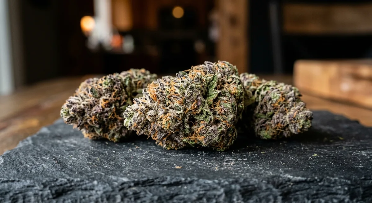 Nahaufnahme von lila-grünen Cannabisblüten mit glitzernden Trichomen auf dunkler Schieferoberfläche