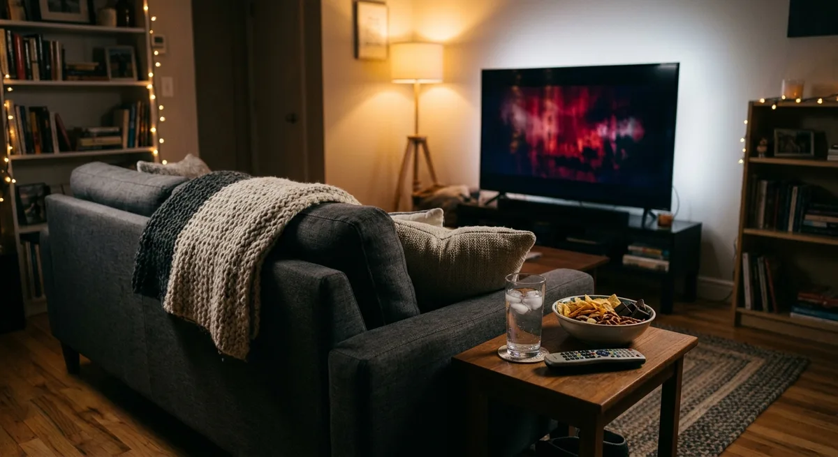 Gemütliches Wohnzimmer bei Nacht mit leuchtendem TV, Decken, Snacks und Wasser auf dem Beistelltisch