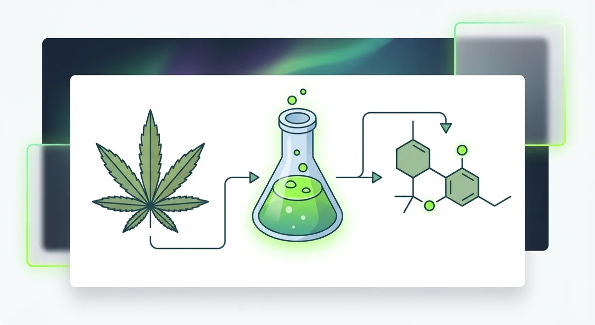 Illustration zeigt Cannabis-Blatt, Laborkolben und Molekuelstruktur als Prozessschritte verbunden durch Pfeile