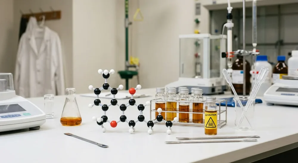 Laborglaskolben mit gelblicher Fluessigkeit und Molekuelmodell auf weissem Labortisch