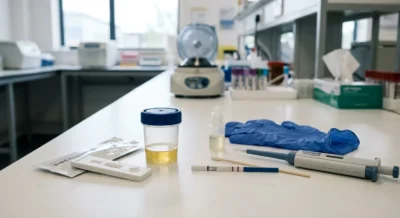 Drogentest-Kit mit Teststreifen und Probenbehälter auf weißer Laborfläche