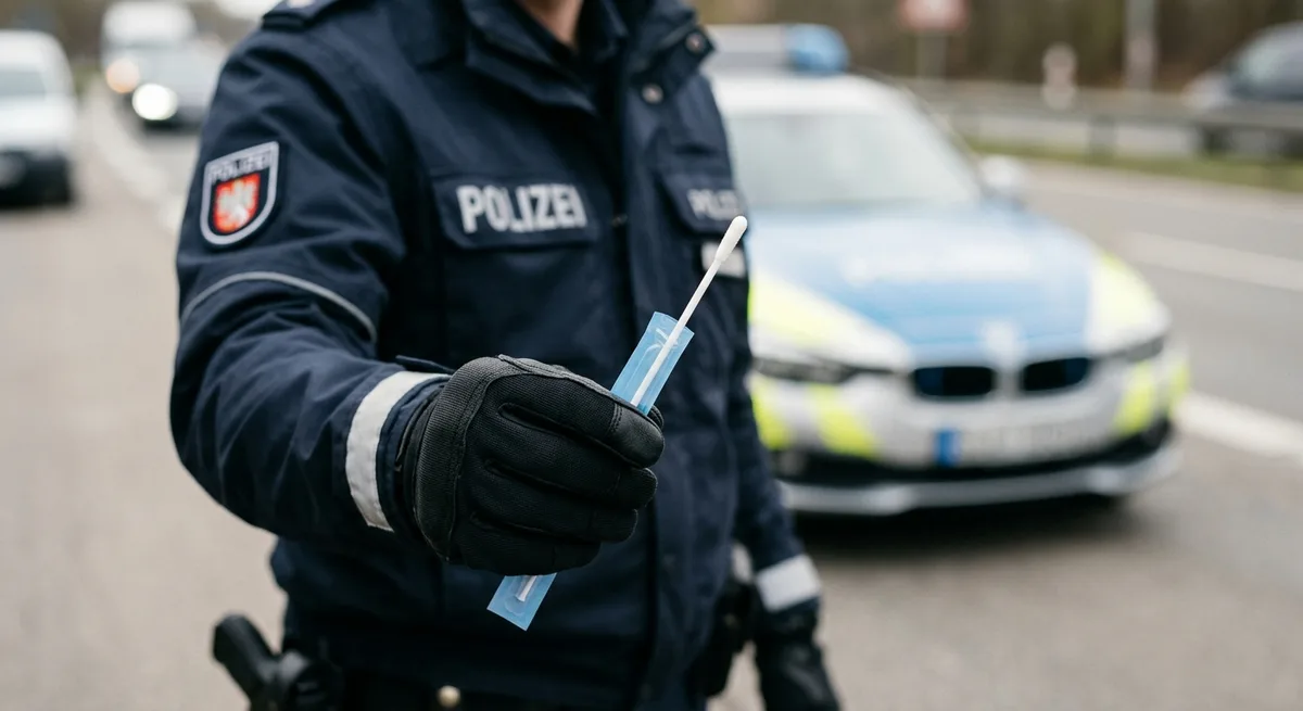 Polizeibeamter hält Speicheltest-Stäbchen bei einer Verkehrskontrolle