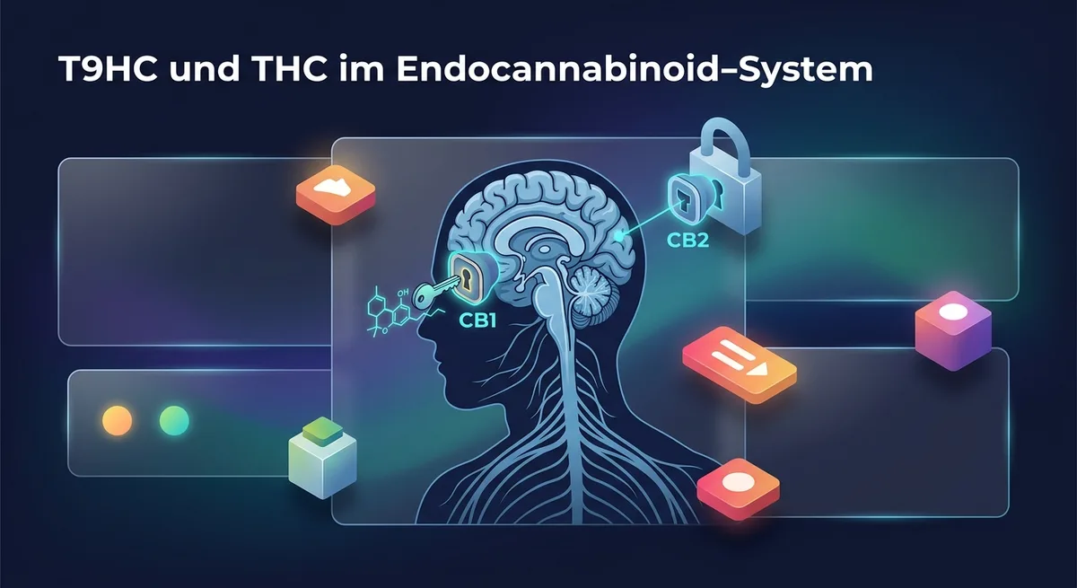 Stilisiertes Gehirn mit hervorgehobenen CB1- und CB2-Rezeptoren, an die ein Cannabinoid-Molekül andockt