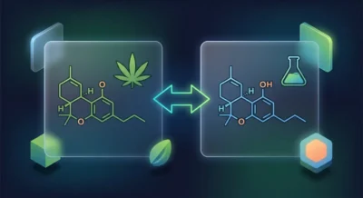 Zwei Cannabinoid-Molekülmodelle nebeneinander – eines natürlich, eines halbsynthetisch