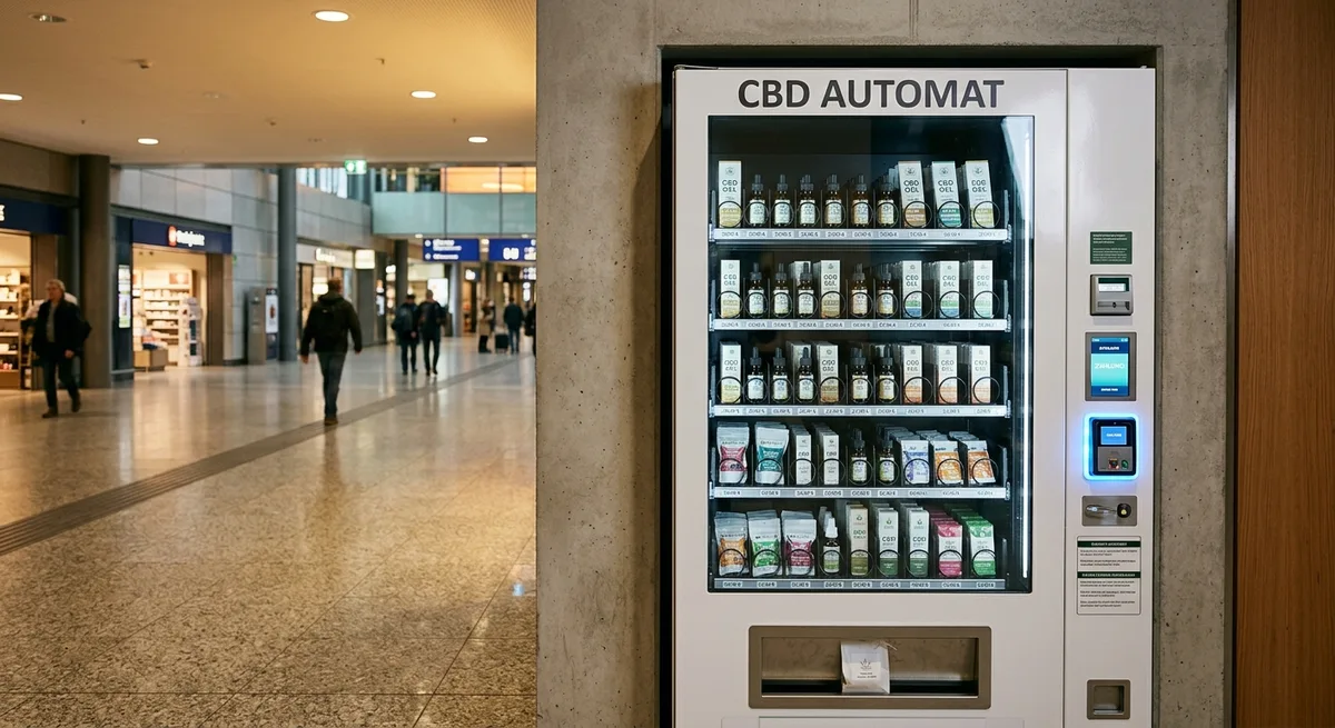 Weißer CBD-Automat in einem Einkaufszentrum mit sichtbaren CBD-Ölen und Produkten hinter Glasscheiben
