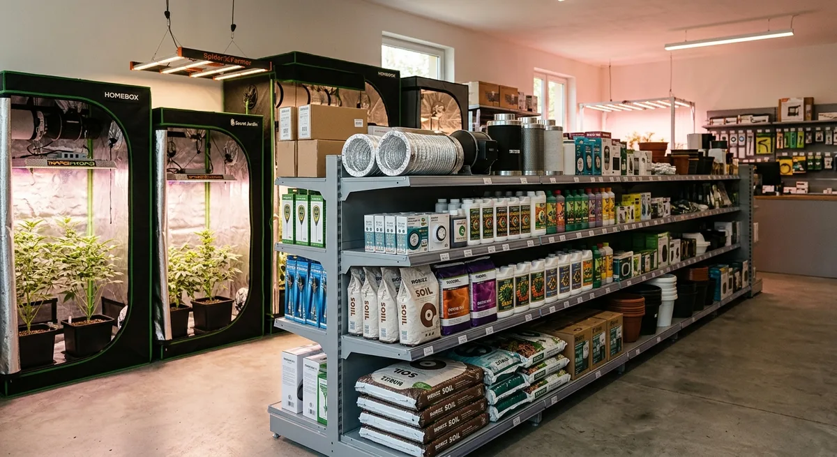 Grow-Shop-Regal mit LED-Wachstumslampen, Anzuchtzelten und Düngemittelflaschen