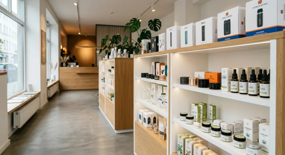Moderner Headshop mit beleuchteten Regalen voller Vaporizer, CBD-Öle und Hanfzubehör
