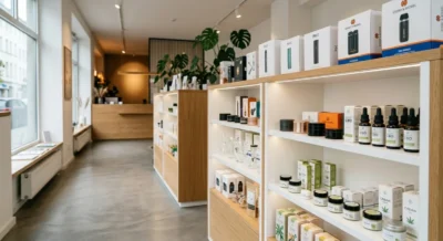 Moderner Headshop mit beleuchteten Regalen voller Vaporizer, CBD-Öle und Hanfzubehör