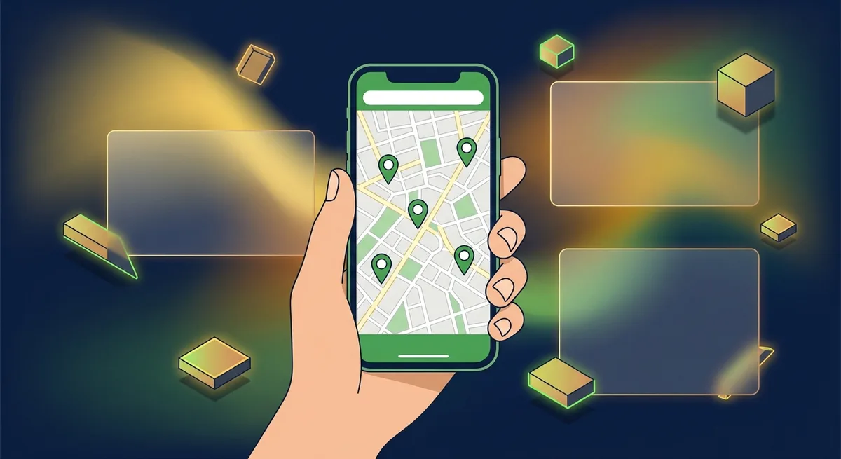 Smartphone mit Karten-App zeigt mehrere Standort-Pins von Cannabis-Shops in einer Stadtansicht