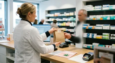 Apotheker übergibt Cannabis-Rezept und Medikament an Kunden an einem modernen Apotheken-Tresen